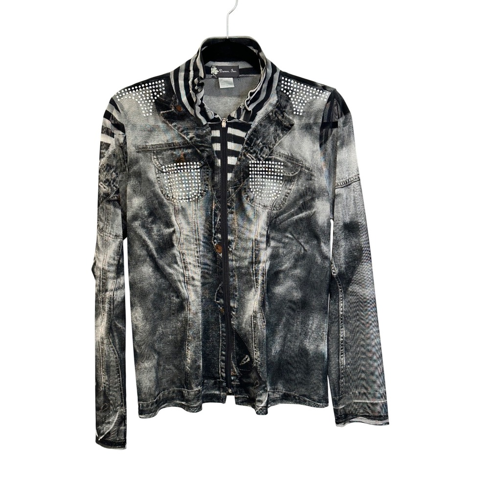 Damee Inc Sheer Mesh Jacket Size M Black Gray Rhinestone Denim Print Wire Collar
